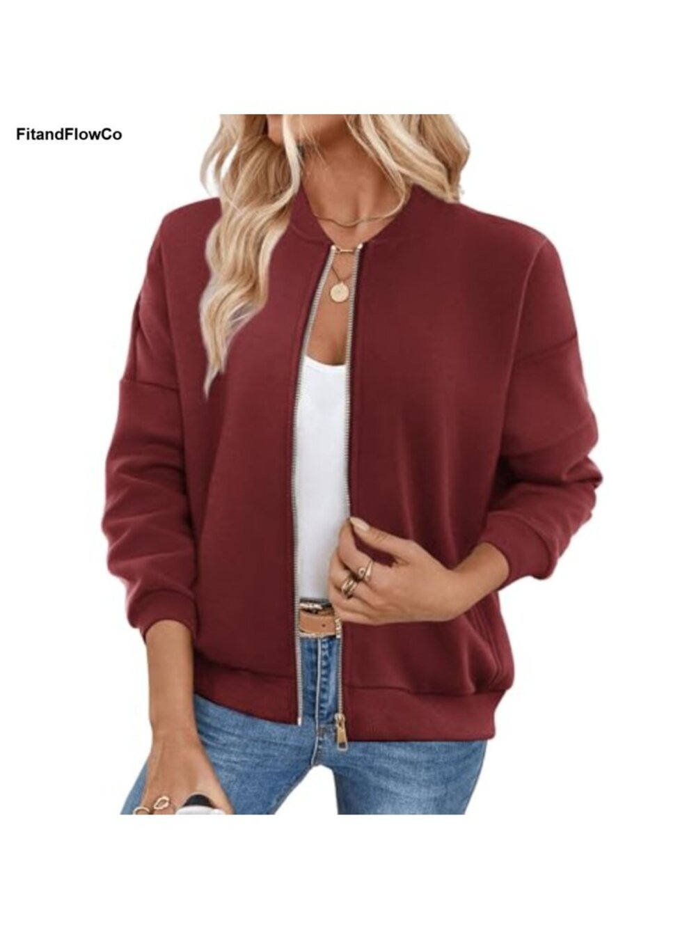 Women's Zip Up Fleece Sweatshirt Crew Neck Jacket Side Pockets